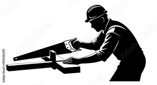 Carpenter sawing wood with a hand saw and miter box.