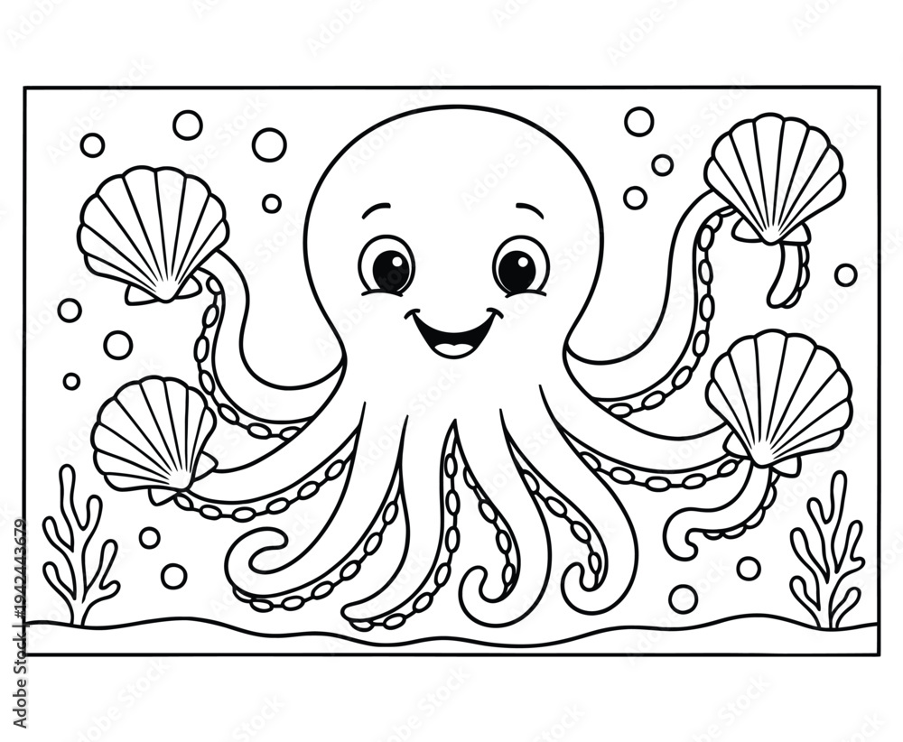 Obraz premium Smiling octopus holding seashells coloring page for kids with coral and bubbles underwater