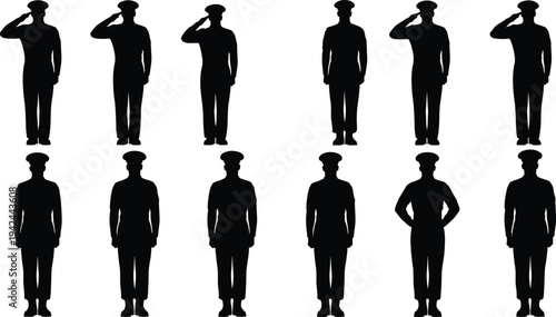 Collection of Military Soldier Silhouettes in Uniform Including Personnel Saluting Standing at Attention and Posing for Army Navy Air Force and Veteran Memorial Concepts