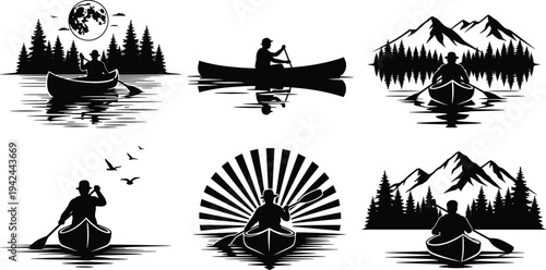 Collection of Outdoor Rowing Silhouettes Featuring People in Canoes and Kayaks with Mountain Landscapes Pine Forests Moon and Sun for Adventure Nature Travel Concept