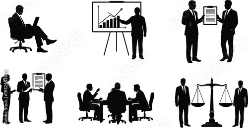 Collection of professional business and legal silhouette icons featuring meetings presentations contract signing and justice scales for corporate and law branding