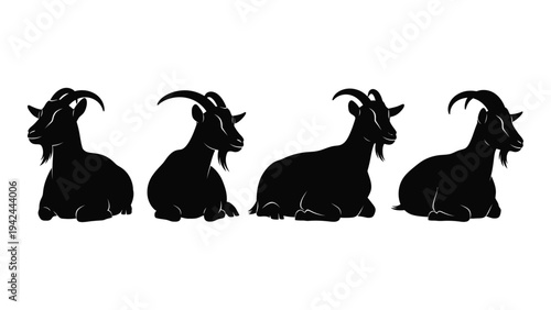 Four black silhouettes of goats in various resting positions against a white background