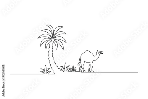 Continuous one line drawing of a camel walking by a palm tree in the desert