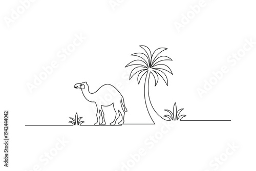 Continuous one line drawing of a camel walking by a palm tree in the desert