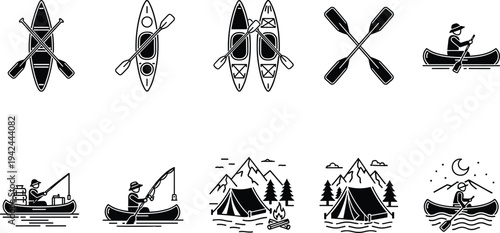 Collection of outdoor adventure icons featuring kayaking, canoeing, camping with tents and mountains, fishing from boat, and crossed paddles equipment.