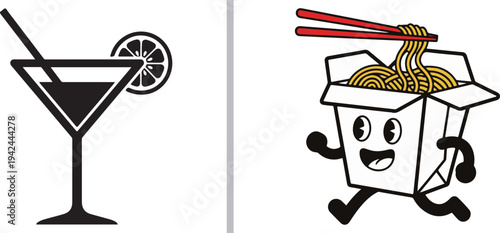 A minimalist cocktail icon with a citrus slice sits next to a cheerful, running takeout noodle box character with red chopsticks. A playful contrast between sleek barware and cartoon food.