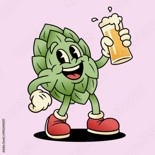 Vintage Rubber Hose Hop Mascot Holding Beer Mug for Craft Brewery Branding