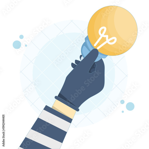 Vector illustration of thief hand in black glove stealing light bulb, idea theft and creativity stolen concept, problem and failure symbol in modern flat vector design.
