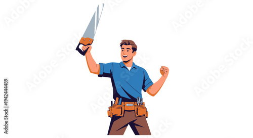 Carpenter Holding Scissors and Celebrating.