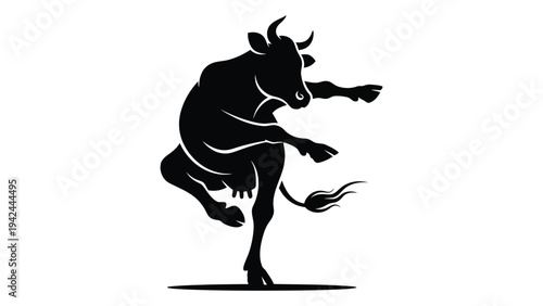 A black silhouette of a bull rearing up on its hind legs appearing dynamic