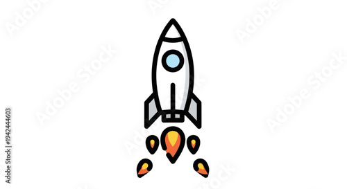 Cartoon rocket ship launching into space with fire exhaust.