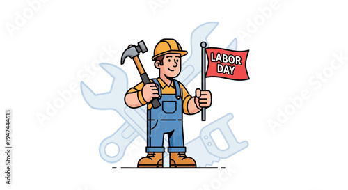 Cartoon Laborer Holding Hammer and Labor Day Sign.