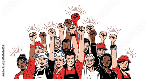 Diverse Group of People Raising Fists.