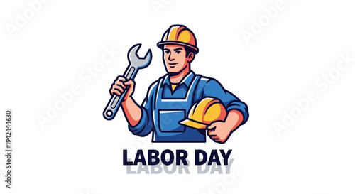 Construction Worker Holding Wrench and Hard Hat.