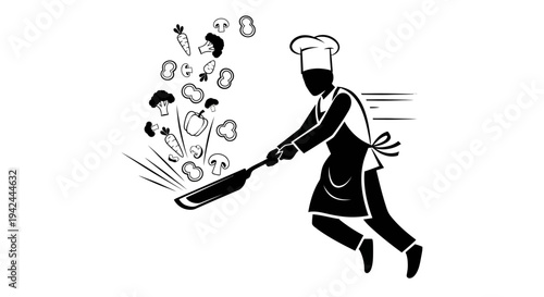 Chef cooking vegetables in a pan with motion lines.