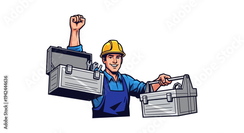 Construction Worker Holding Toolboxes with Fist Raised.