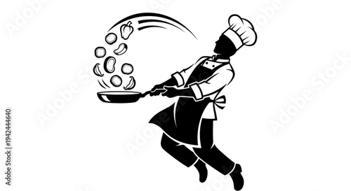 Chef Flipping Food in Frying Pan Action Silhouette.