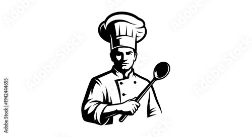Chef holding a large spoon in a professional uniform.