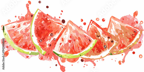 Watercolor painting of vibrant grapefruit slices with scattered seeds and juice