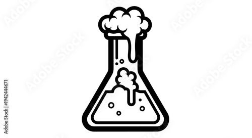 Chemical reaction in laboratory flask with foam overflow.