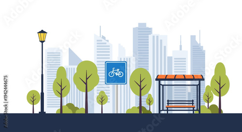 City park with bicycle sign and bus stop illustration.