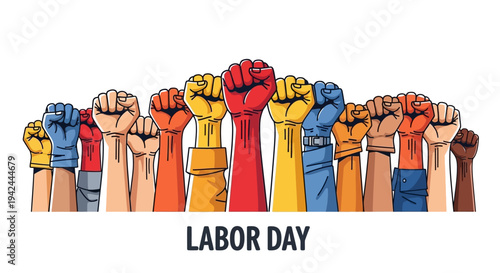 Diverse Raised Fists Celebrating Labor Day.
