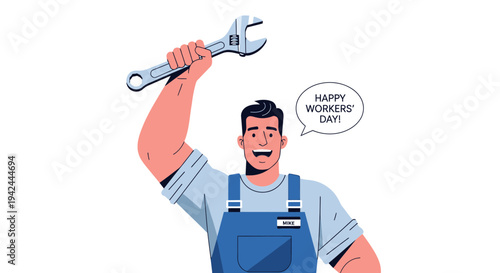 Handyman Holding Wrench with Happy Workers Day.
