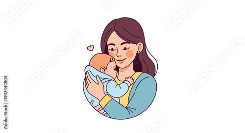 Mother Holding Baby in Cartoon Style.