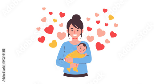 Mother Holding Baby with Heart Illustration.