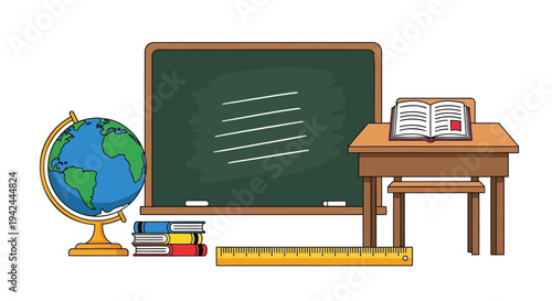 Vector illustration of classroom objects, school supplies and furniture