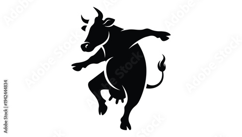Black silhouette of a bull rearing up on its hind legs showcasing strength