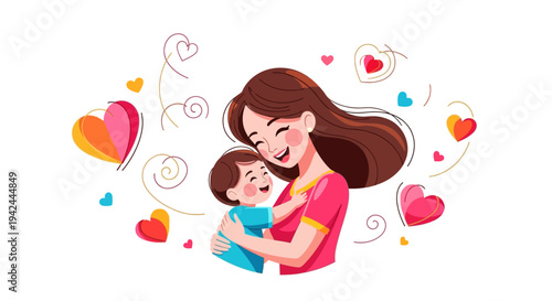 Mother Hugging Child with Love Hearts.