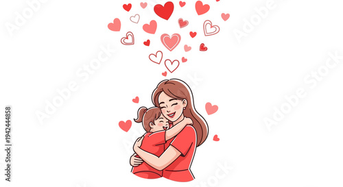 Mother Hugging Child with Hearts in Air.