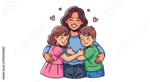 Mother Hugging Children Tenderly with Love.