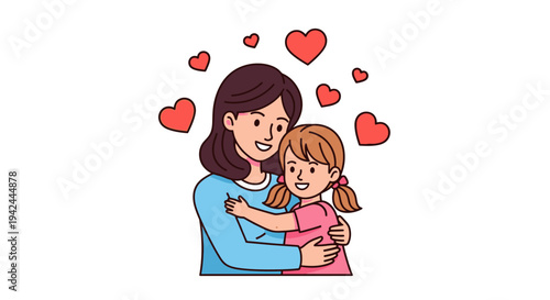 Mother Hugging Daughter with Love Hearts.
