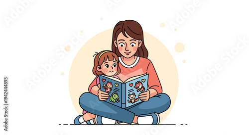Mother Reading Book with Young Daughter.