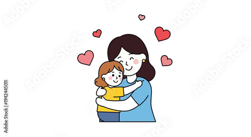 Woman Hugging Child with Hearts Surrounding.
