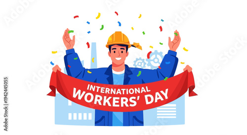 Worker Celebrating International Workers Day with Banner.