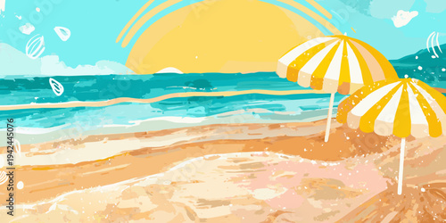 A bright colorful illustration of a beach with umbrellas and sun