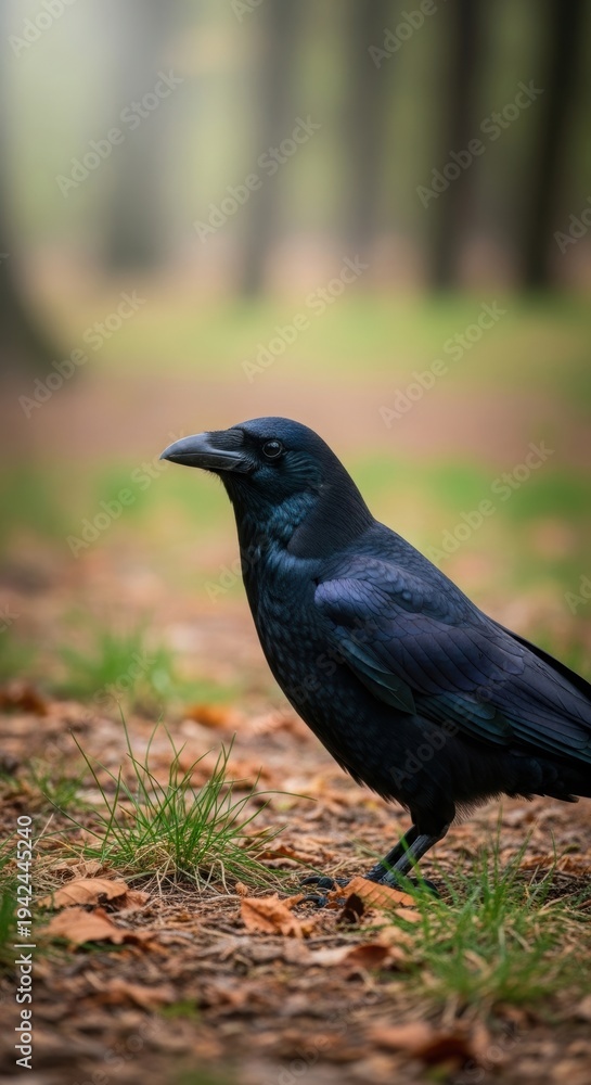 Obraz premium Crow on Natural Ground with Textured Leaves and Grass. Profile View of Black Crow in Soft Outdoor Light. Focused Wildlife Image of Crow in Earthy Environment.