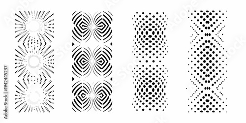 Abstract black and white geometric patterns arranged in a four panel composition