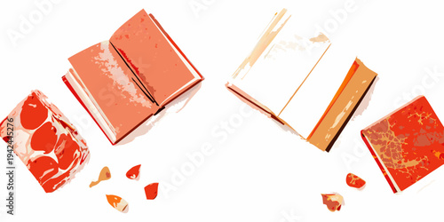 Open books and scattered petals create a vibrant artistic composition