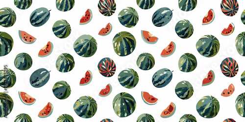 Colorful watermelon slices and whole fruits create a repeating pattern