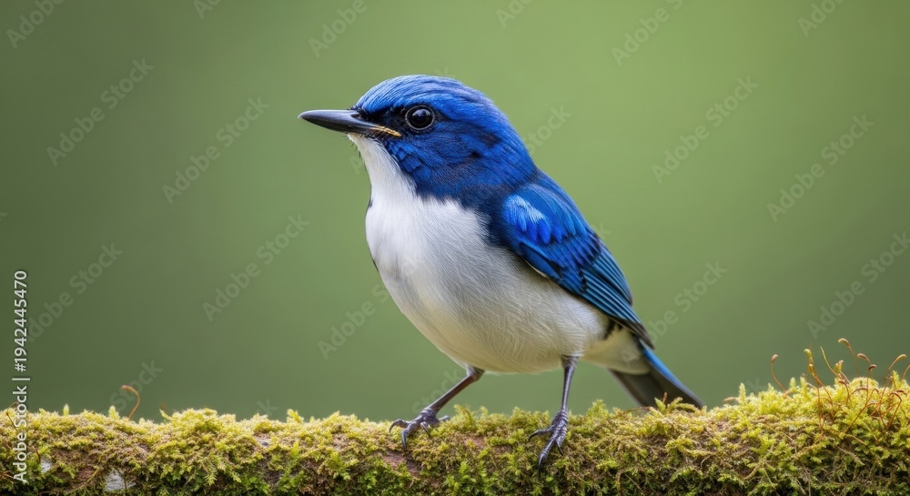 Obraz premium Close-Up of Vibrant Blue Bird Perched on Mossy Branch. Small Blue Bird with White Underparts on Natural Perch. Detailed Bird Photography of Colorful Avian on Moss.