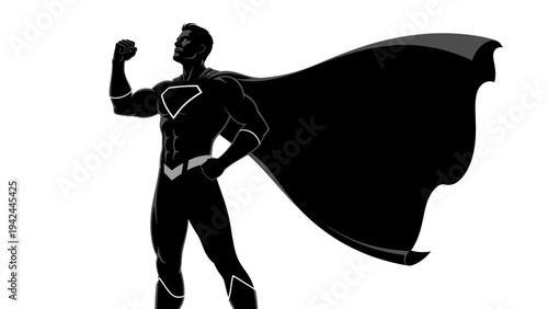 Superhero in Black Cape Standing Strong.
