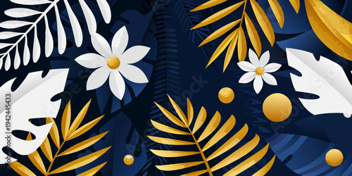 Stylized tropical leaves and flowers in shades of gold and white