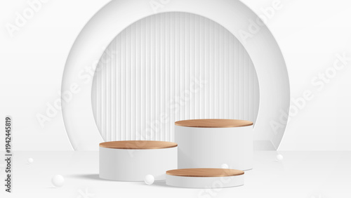 3D realistic modern luxury style shiny metallic podium stand with golden line. minimal wall scene on clean background. 3D wooden podium platforms set background. 