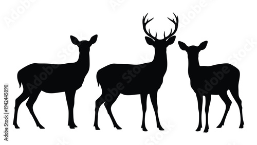 Silhouette illustration of three deer featuring a large buck with antlers