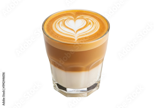 Glass of iced coffee with latte art in heart shape and milk at bottom isolated on transparent background