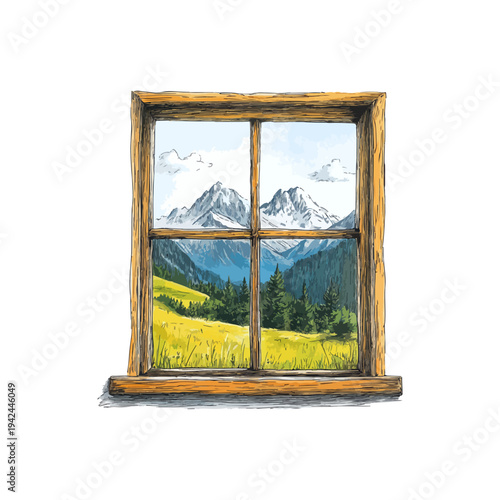 window with mountain view hand drawn vector illustration